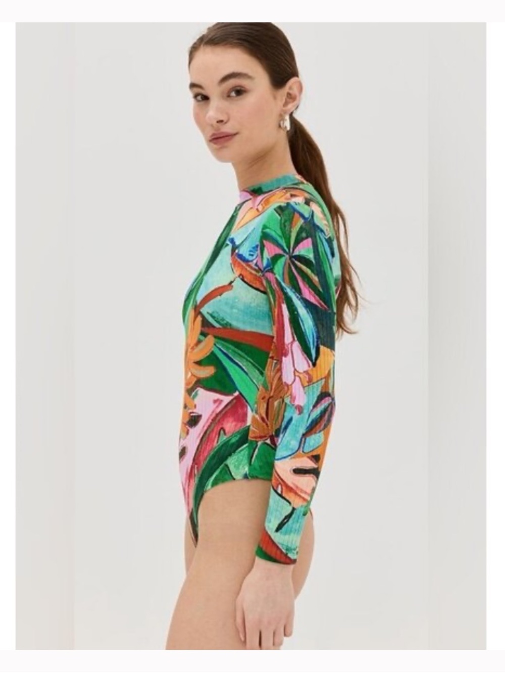 Farm Rio Banana Foliage Long Sleeve Thong
Bodysuit Tropical Floral Ribbed Size S